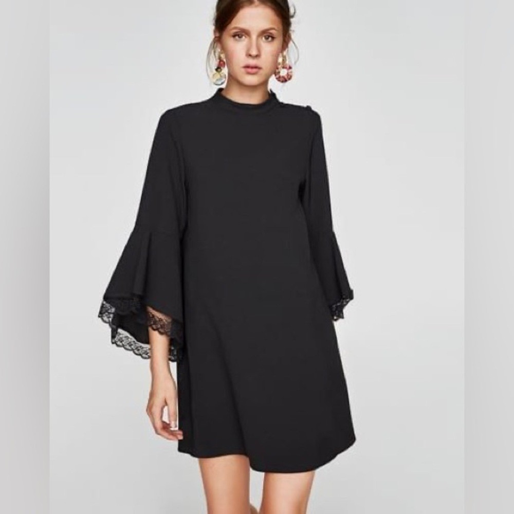 Zara Basic Black Shift Dress Lace Bell Sleeves Size XS